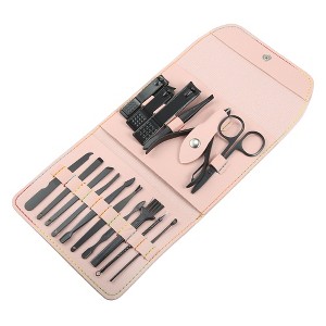 Unique Bargains Stainless Steel Pedicure Nail Clippers Scissors Tool Set Black with Gray PU Leather Black 16Pcs - 1 of 3