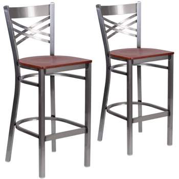Emma and Oliver 2 Pack Clear Coated "X" Back Metal Restaurant Barstool