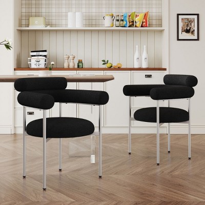Boucle Dining Room Chairs Set of 2,Fabric Barrel Armchair Round Back Upholstered Dining Room Livingroom Chairs with Metal Legs-Cuddlewood