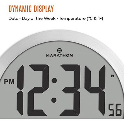 Marathon 15 Inch Round Digital Wall Clock with Calendar and Temperature Display