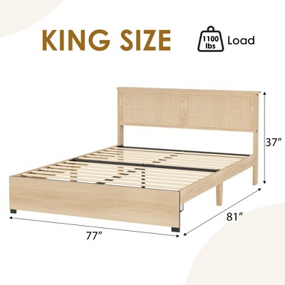 Rattan Bed Frame Full Size Bed Frame with 2 Drawers, Wooden Platform Bed with Rattan Headboard, Led Lights