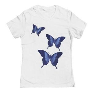 Rerun Island Women's Indigo Butterflies Short Sleeve Graphic Cotton T-Shirt - White L - 1 of 4