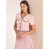 Hobemty Women's Tweed Contrast Trim Button Down Short Sleeve Work Office Blazer - 3 of 4