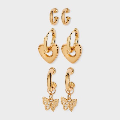 Butterfly and Heart Charm Hoop Earring Set 3pc Wild Fable Gold