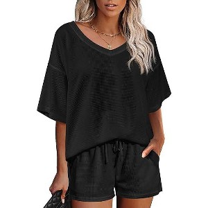 Ekouaer Womens 2 Piece Short Sleeve Waffle Knit V Neck Off Shoulder Casual Loose Fit Sweatsuit Outfits - 1 of 4