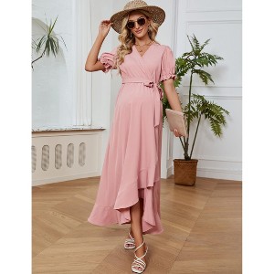 Coolmee Maternity Puff short Sleeve Maxi Dress V Neck Pregnancy Dresses for Baby Shower Photoshoot - 1 of 4