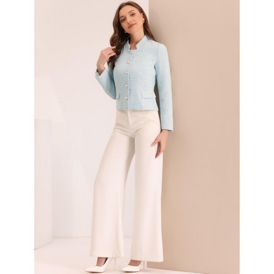 INSPIRE CHIC Women's Plaid Tweed Long Sleeve Button Down Work Office Short Jacket Light Blue Medium — фото 3