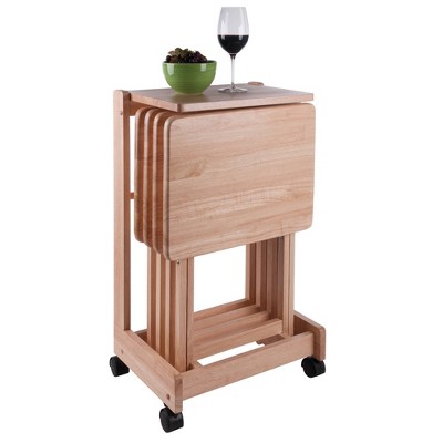 Natural Wood 5-Piece Snack Table Set with Serving Cart