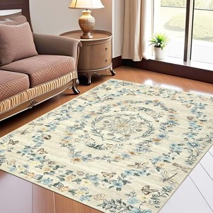 Acekool Washable Area Rug, Modern Floral Non-Slip Stain Resistant Low-Pile Carpet for Living Room Bedroom, Easy Care - 1 of 4