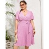 Plus Size Women's Pleated Midi Dress with Belt Flowy Casual Elegant Knee Length Dress for Work Summer - 2 of 4