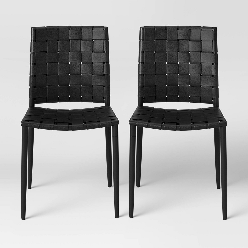 Photos - Chair 2pk Wellfleet Woven Leather Metal Base Dining  Black - Threshold™
