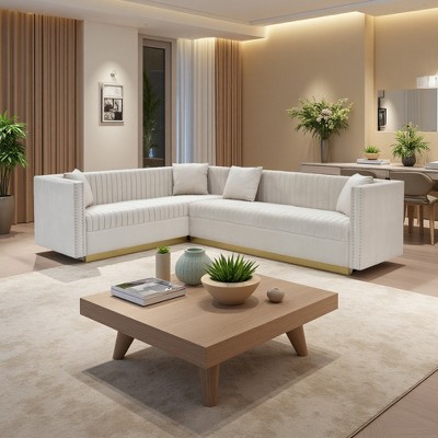 100.8" Velvet L-Shaped Sectional Sofa with Channel Tufting, Gold Base & 4 Pillows