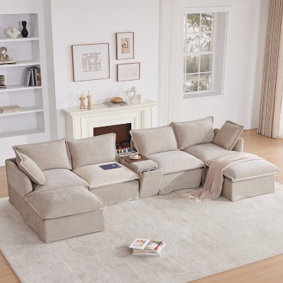 131"W Modular Sectional Sofa with Movable Ottomans, 6-Seat U-Shaped Chenille Sofa Couch with Console, Cup Holders & USB Charger - ModernLuxe