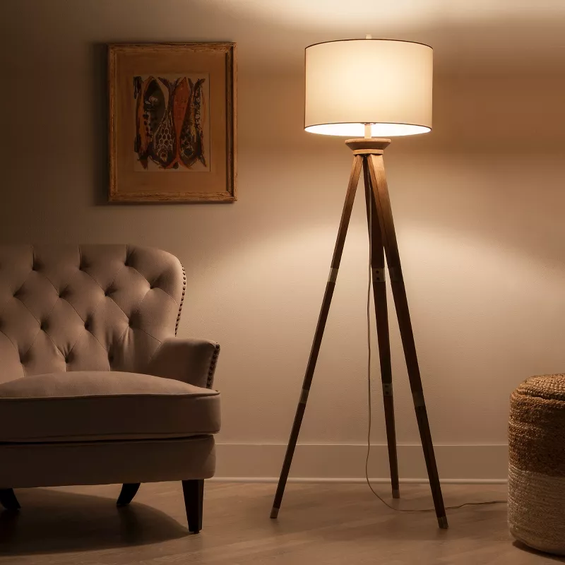 Oak Wood Tripod Floor Lamp Brass, Pendant Floor Lamp Antique Brown Threshold