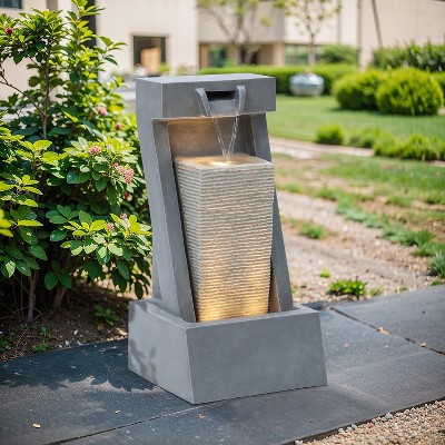 Gray Resin 2-Column Sculpture Outdoor Fountain with LED Lights