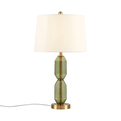 Green Faceted Glass Table Lamp with White Shade and Gold Base