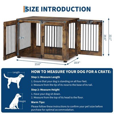 Rustic Dog Crate Furniture, Wood Metal Kennel Table with 3 Doors, Rustic Dog Cage Indoor Decorative