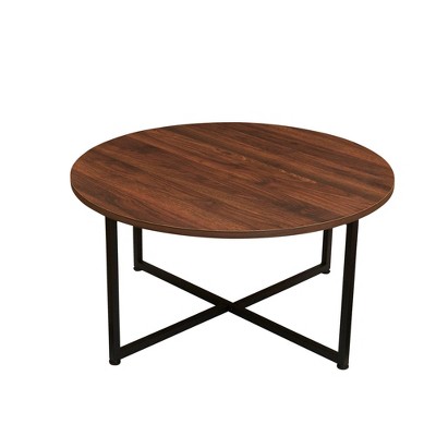 Mid-Century Walnut and Black Metal Round Coffee Table with Scratch-Resistant Top