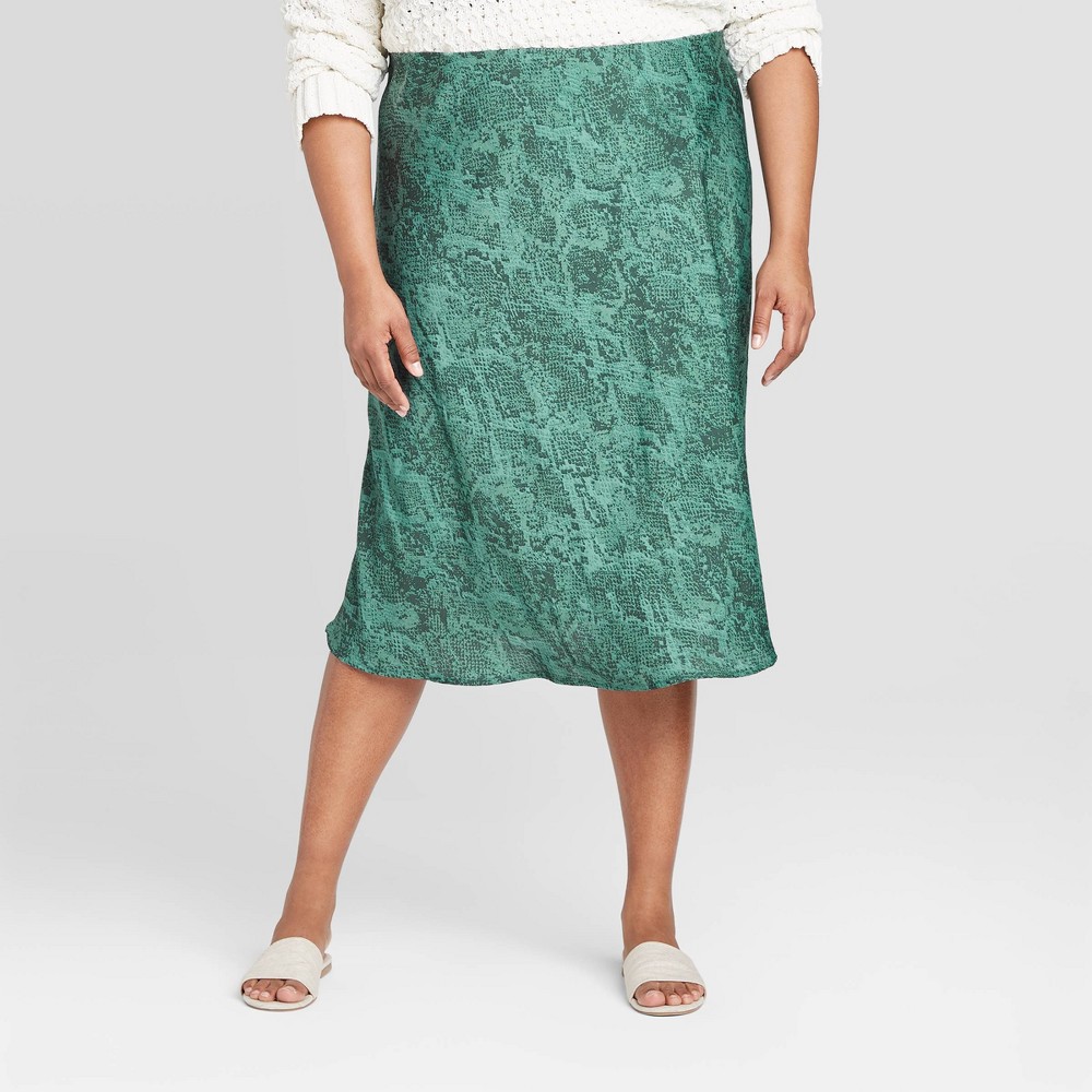Women's Plus Size Animal Print Satin Slip Skirt - A New Day Teal 3X, Blue was $22.99 now $11.49 (50.0% off)