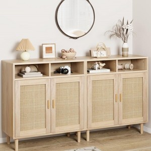 Natural Rattan Sideboard Cabinet w/ 2 Doors, Farmhouse Buffet Storage, MDF Frame - 1 of 4