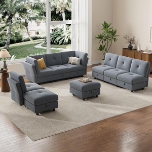 87-Inch Modular Sectional Sofa – U-Shaped Velvet Couch with Storage Ottoman, 9-Seat Comfort for Living Room or Apartment, Stylish Blue Design - 1 of 4