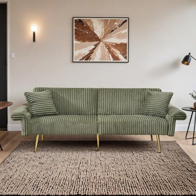 79 inch corduroy sofa bed, foldable double sofa bed with folding armrests, suitable for living rooms - Leovsnove