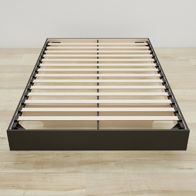 Modern Airy-Floating Full Double Bed Frame in Black Wood with Slats