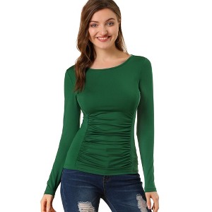 Allegra K Women's Round Neck Long Sleeves Ruched Casual Fitted Top - 1 of 4