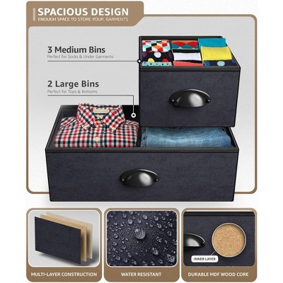 Medium Wood and Black Fabric 5-Drawer Storage Dresser