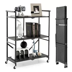 Tangkula 3-Tier Foldable Kitchen Cart Mobile Metal Organizer Rack Garage Storage Shelves