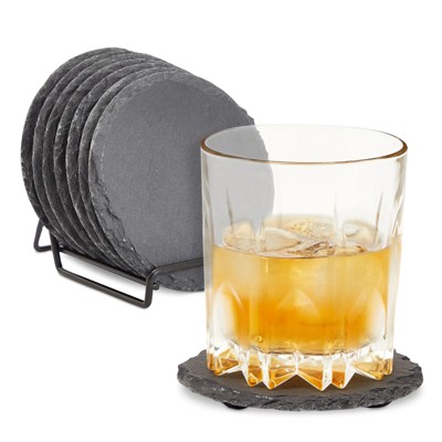 Juvale 8 Pack Slate Stone Drink Coaster Set with Holder for Kitchen Bar & Home Decor, Round, Black, 3.8 in