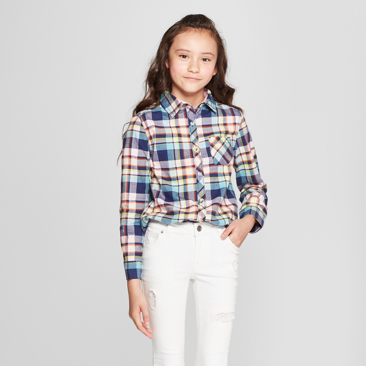 Girls' Woven Long Sleeve Button-Down Shirt - Cat & Jackâ„¢ Navy - image 1 of 3