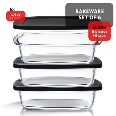 Black Rectangular Glass Food Storage Containers with Lids, Set of 6