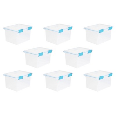 Sterilite 32 Qt Gasket Box, Stackable Storage Bin with Latching Lid and  Tight Seal, Plastic Container to Organize Basement, Clear Base and Lid,  4-Pack