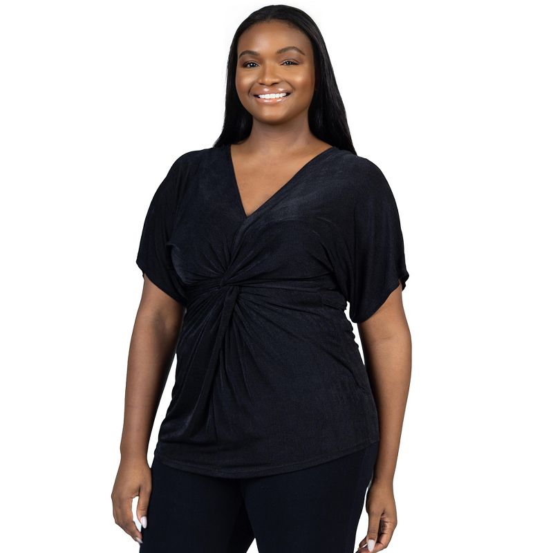 24seven Comfort Apparel Womens Plus Size V Neck Knot Front Sleeve Top, 2 of 7