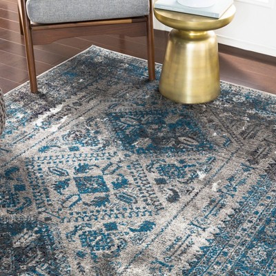 Blue and Grey Rectangular Stain-Resistant Synthetic Area Rug