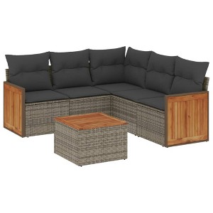 vidaXL 6 Piece Patio Sofa Set with Cushions Gray Poly Rattan - With Table - 1 of 4