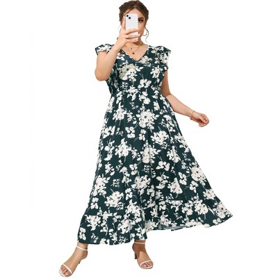 Clearlove Women's Summer Plus Size Dress Ruffle Cap Sleeveless V Neck Side Split Long Beach Maxi Dress
