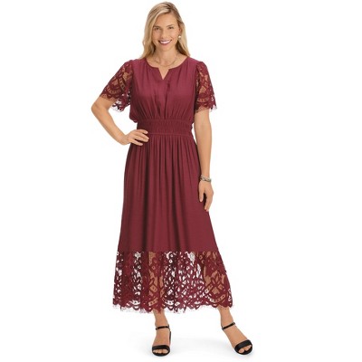 Collections Etc Lace Detail Sleeve & Border V-Neck Smocked Waist Dress