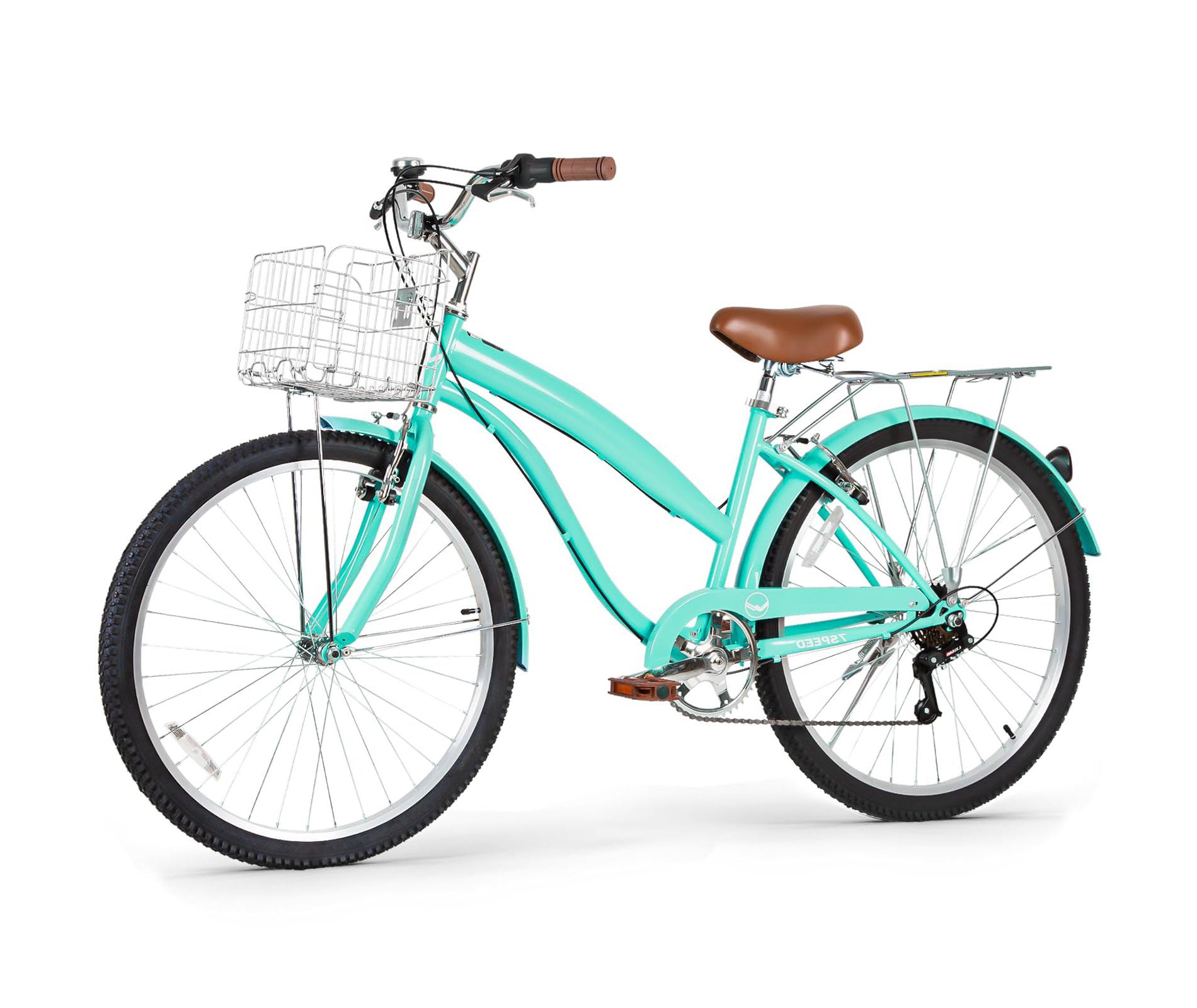 Hykolity 26 Inch Beach Cruiser Bike 7-Speed Outdoor City Bike for Women Commuter Bicycle with Rear Rack Basket High-Carbon Steel Front & Rear Fenders