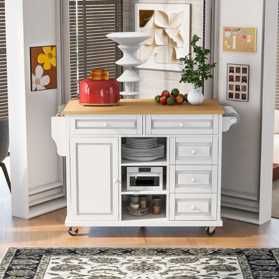 VYNXARIA Kitchen cart with Rubber wood desktop rolling mobile kitchen island with storage and 5 draws 53 Inch length(White)