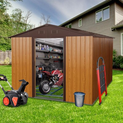 VisioGear Storage Shed, Outdoor Metal Storage Shed with Metal Foundation for Backyard, Lawn, Patio (No Floor), Coffee, 88.98*114.57*74.8