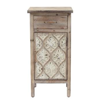 LuxenHome Damask Carved Wood 1-Door 1-Drawer End Table with Storage. Brown