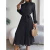 Women's Mock Neck Belted Pleated Midi Dress - Long Sleeve Flowy Swing Dress for Formal & Casual - 2 of 4