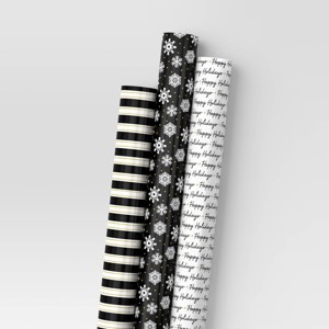 30” 3pk 180 sq ft Christmas Wrap Pack Stripes/Happy Holidays/Snowflakes - Wondershop™ - 1 of 3