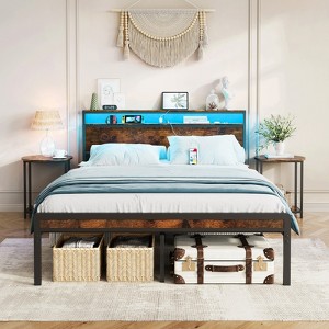 TIRAMISUBEST Full/Queen  Platform Bed Frame Rustic Vintage Wood Headboard Industrial Black Metal 9 Leg 12 Slats Noise Free Under Bed Storage - 1 of 4