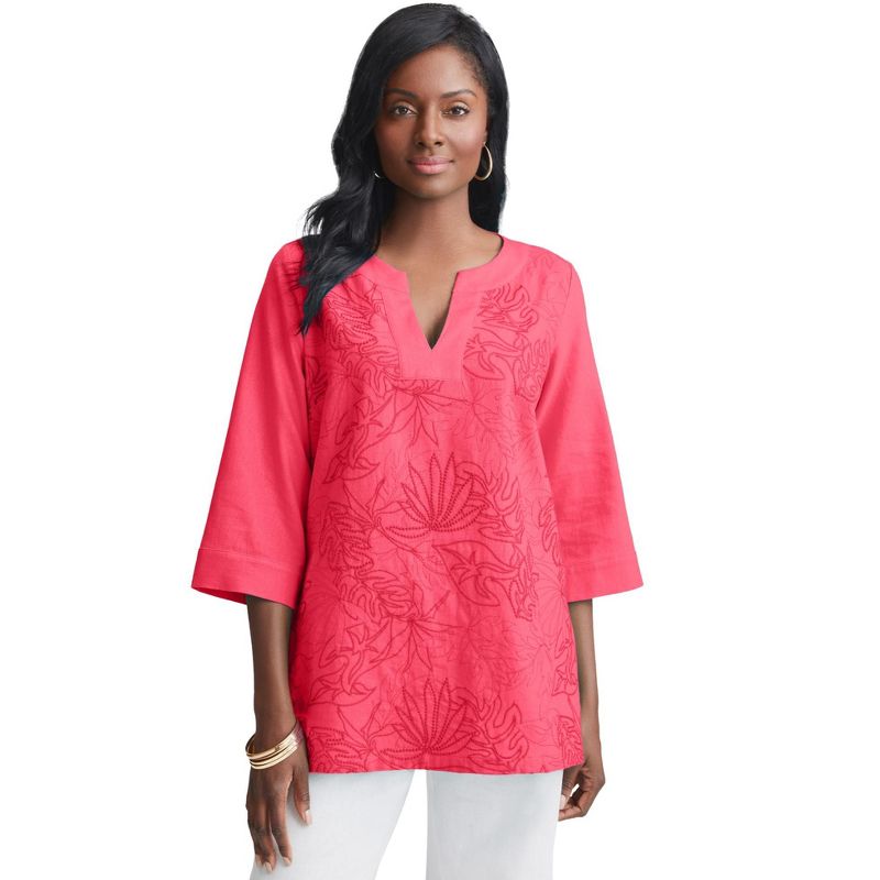 Jessica London Women's Plus Size Linen V-Neck Embroidered Tunic, 1 of 2
