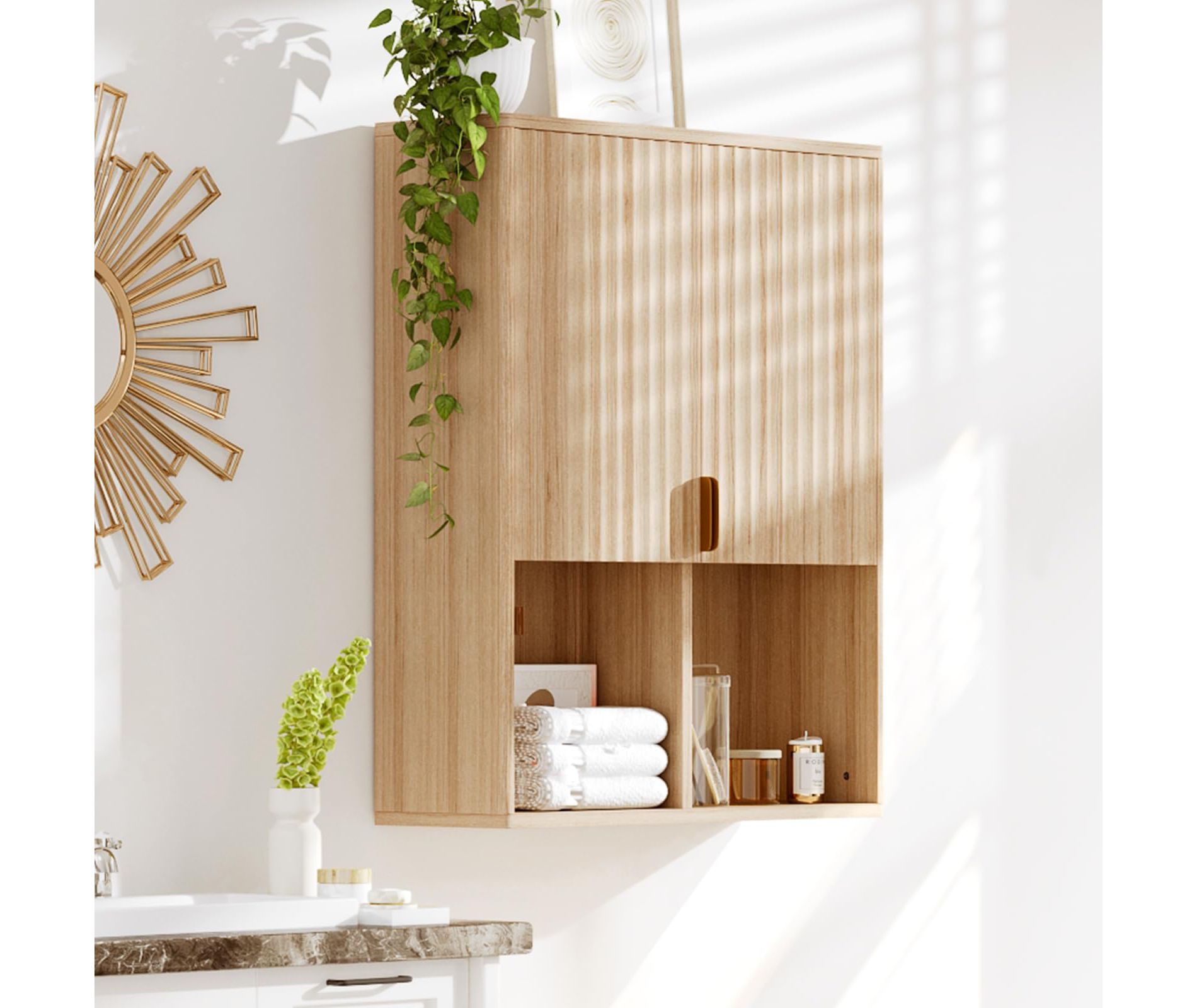 Modern Bathroom Wall Cabinet, Fluted Wooden Medicine Cabinet with Adjustable Shelves, Space Saver Over Toilet Storage, Floating Storage Cabinet