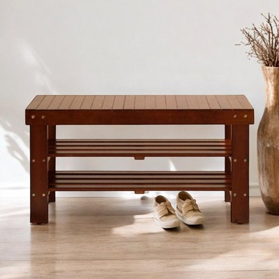 Alilang 35.50 inches Wooden Storage Bench with Slatted Design and Dual Shelf Organizer-Cherry