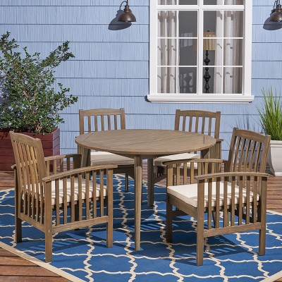 Gray Acacia Wood 4-Seater Outdoor Dining Set with Cream Cushions